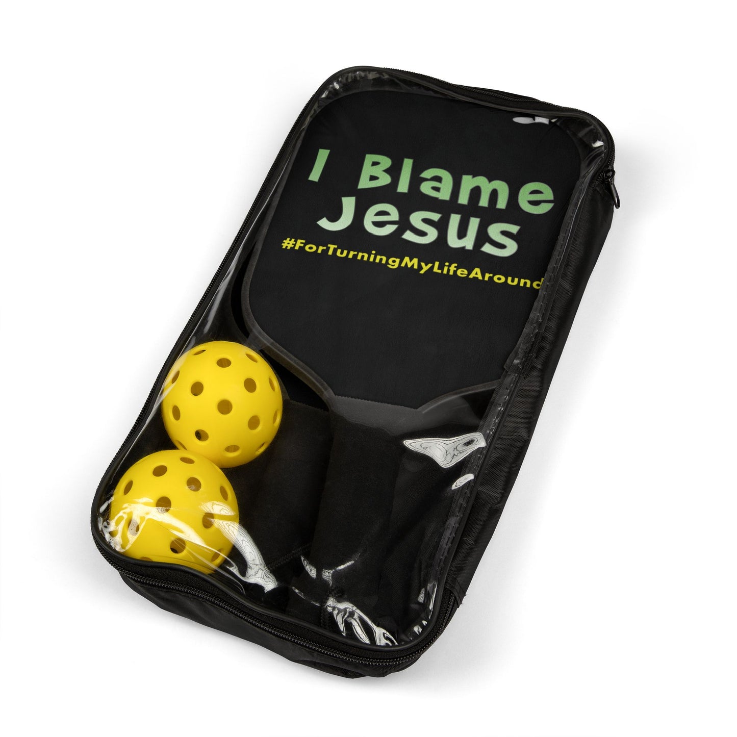 I Blame Jesus For Turning My Life Around | 2 Pickleball Paddle Sets With Carrying Case | 7.5"x15.5"