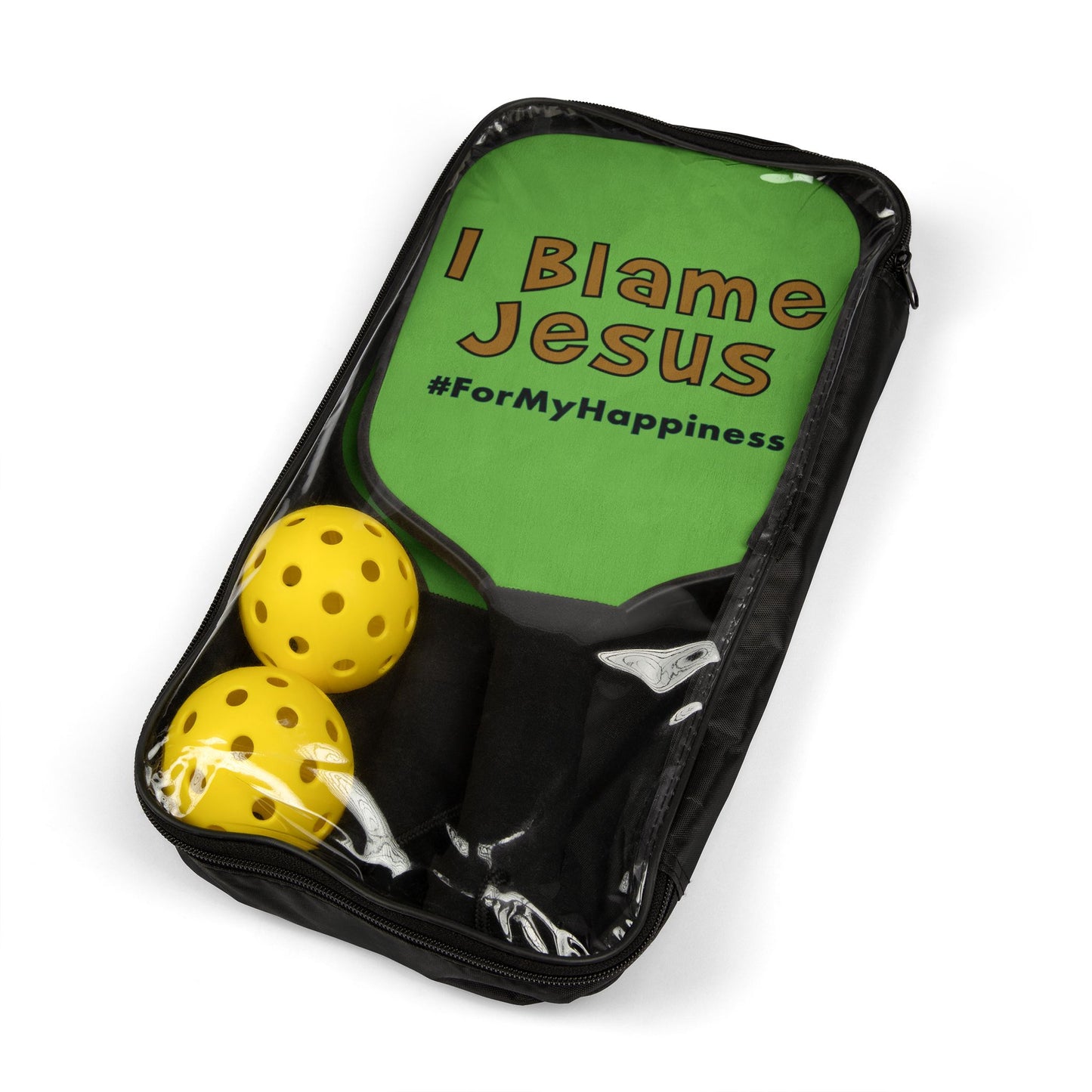 I Blame Jesus For My Happiness | 2 Pickleball Paddle Sets With Carrying Case | 7.5"x15.5"